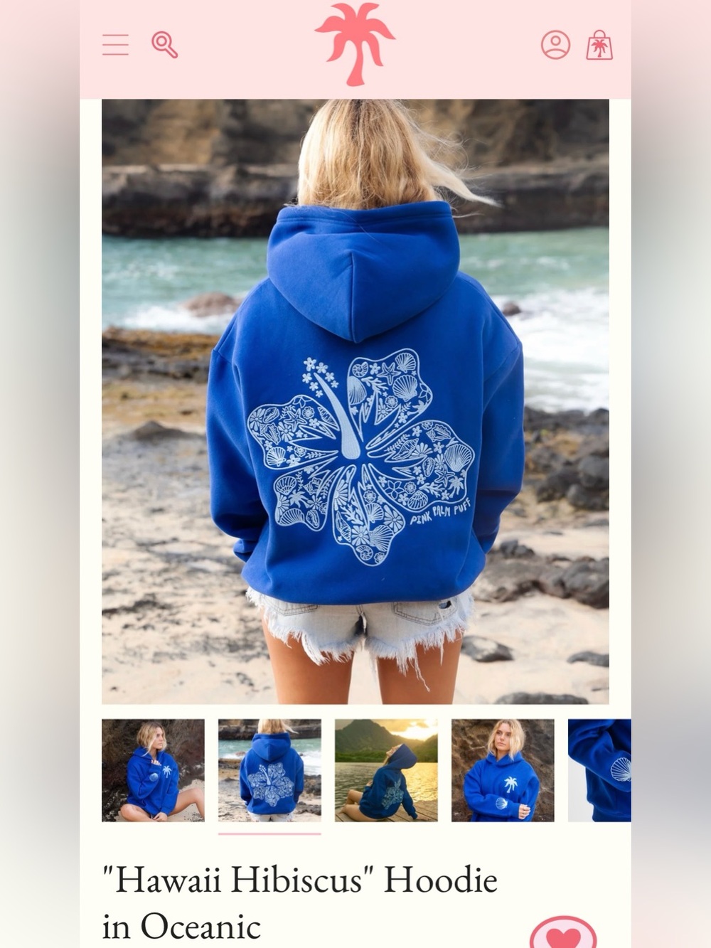 PINK PALM PUFF 🌴 🐚 🌺 Women's Royal Blue Palm & Shell Pullover Hoodie NWT